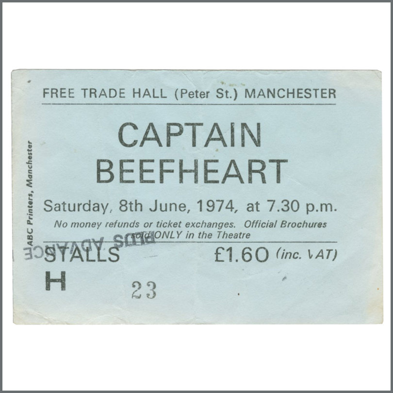 Captain Beefheart 1974 Free Trade Hall Manchester Concert Ticket Stub (UK)