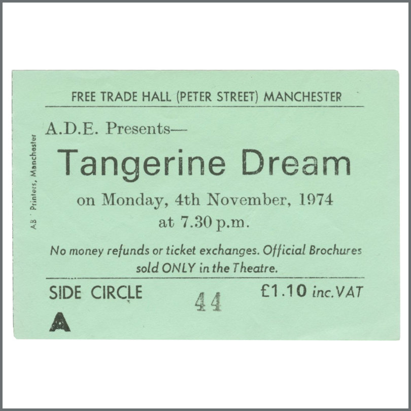 Tangerine Dream 1974 Free Trade Hall Manchester Concert Ticket Stub (UK)