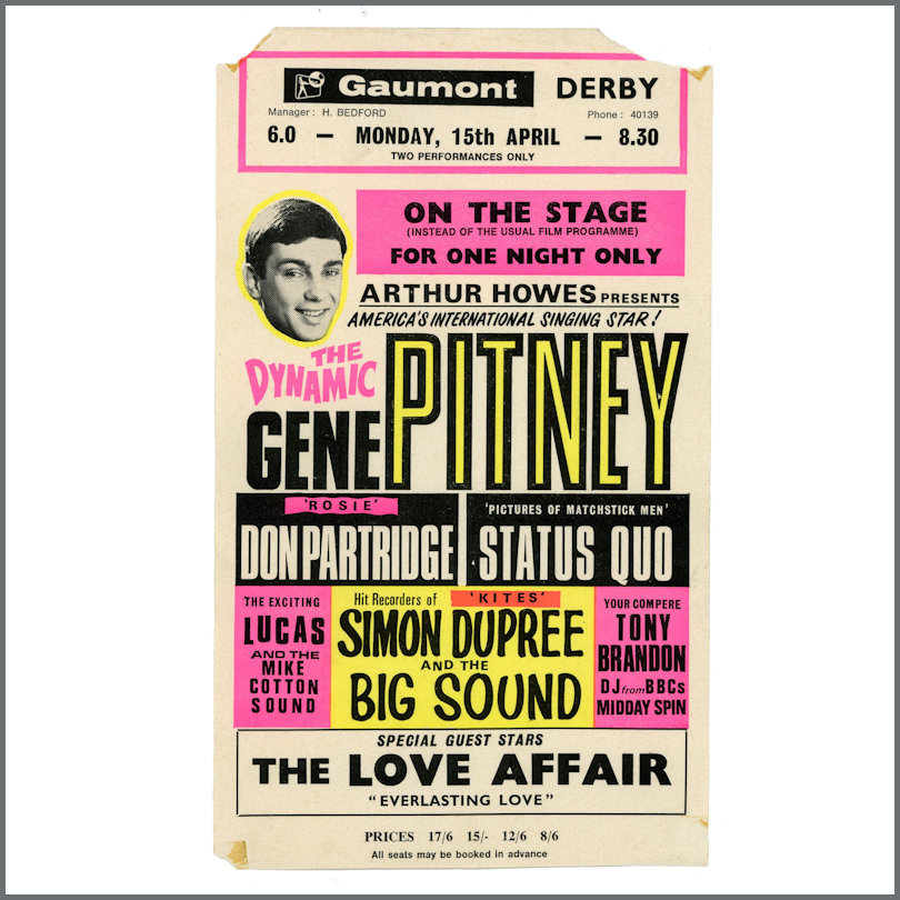Status Quo Gene Pitney 1968 Gaumont Derby Concert Handbill Flyer (UK)
