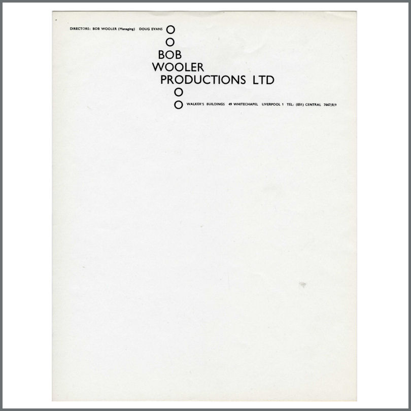 Bob Wooler Productions Ltd. 1960s Letterhead (UK)