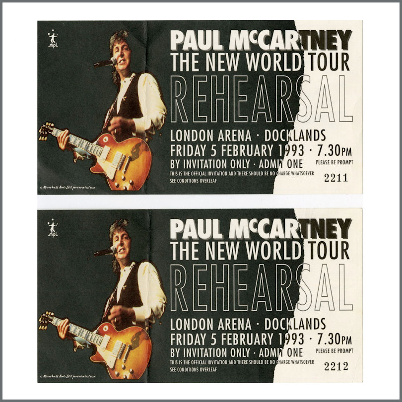 Paul McCartney 1993 New World Tour London Arena Rehearsal Ticket Stubs (UK)