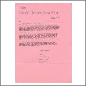 David Bowie 1973 Fan Club Letter (UK)
