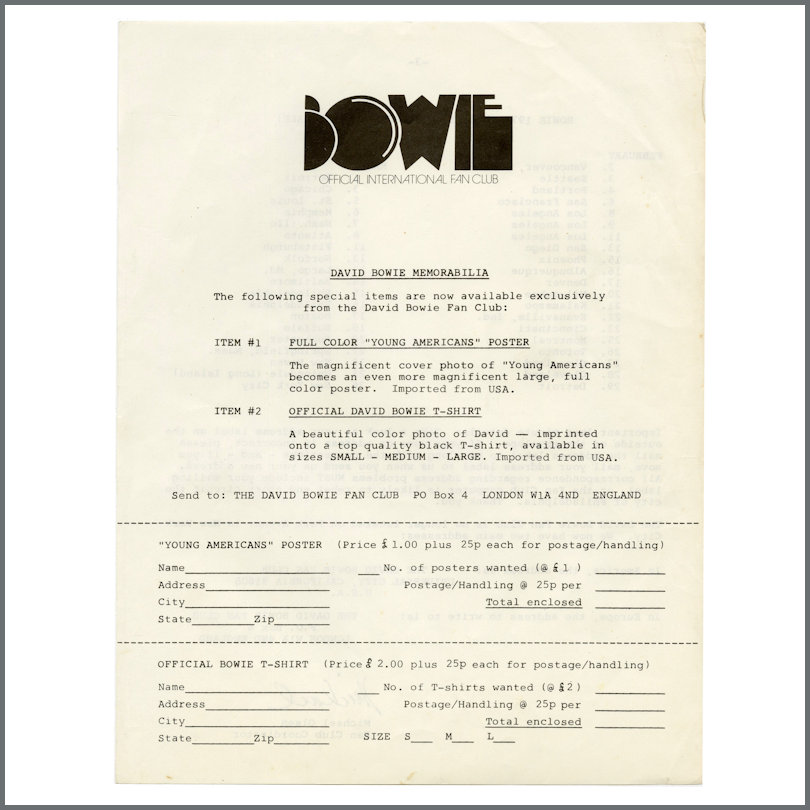 David Bowie 1976 Merchandise Fan Club Letter (UK)