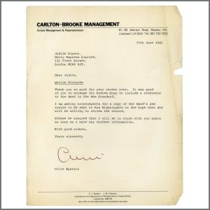 Clive Epstein Signed Typed Letter 1981 (UK)