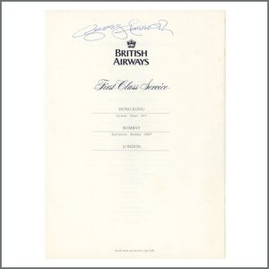 George Harrison Autographed British Airways Menu (UK)
