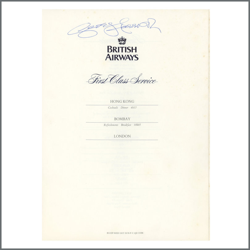 George Harrison Autographed British Airways Menu (UK)