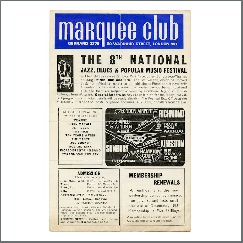 Marquee Club Programme From July 1968 - Jethro Tull Joe Cocker UK