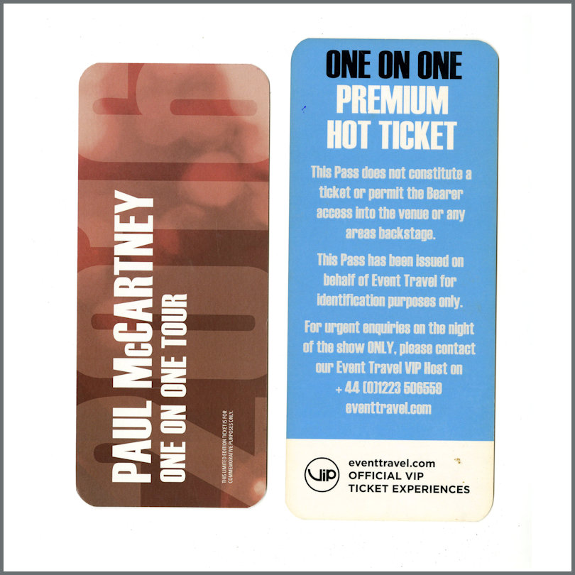 Paul McCartney 2016 One On One Tour VIP Ticket and Pass (UK)