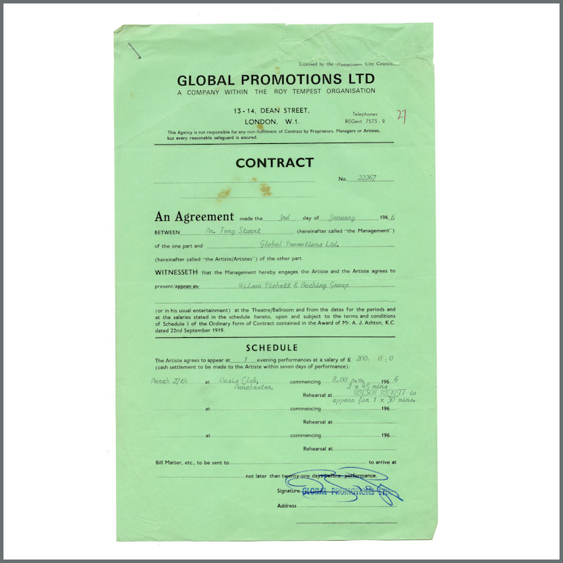 Wilson Pickett 1966 Global Promotions Ltd Signed Performance Contract (UK)
