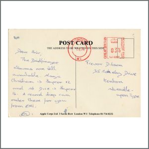 Apple Corps Ltd. 3 Saville Row 1970s Handwritten Postcard (UK)