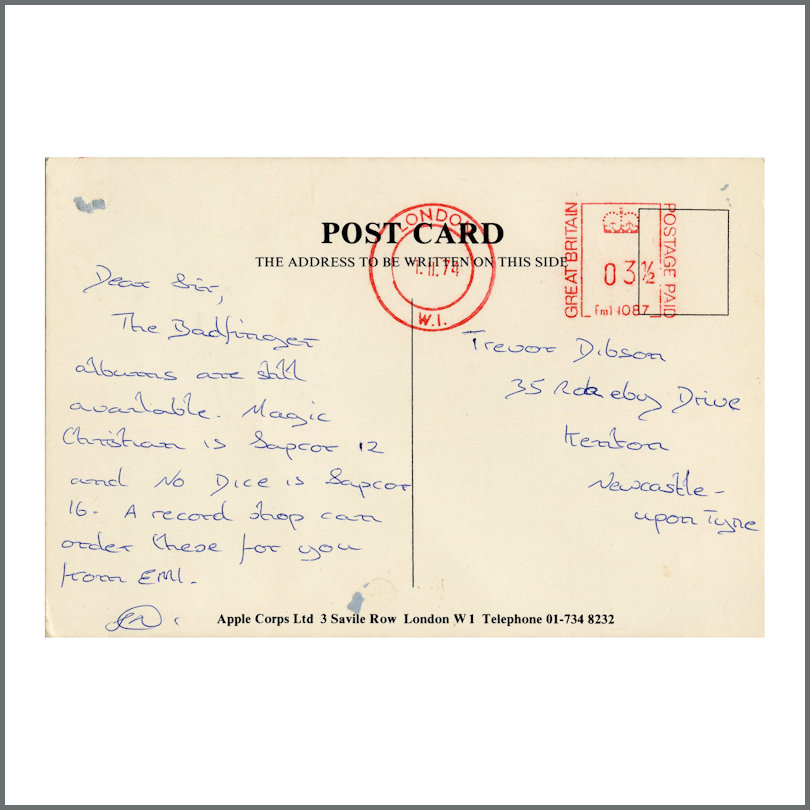 Apple Corps Ltd. 3 Saville Row 1970s Handwritten Postcard (UK)