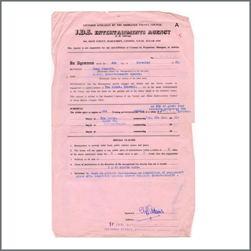 The Kinks 1965 JDS Entertainment Agency Signed Performance Contract (UK)