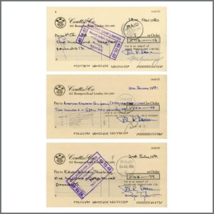 B48432 - Queen 1980s Signed Coutts & Co London Bank Cheques (UK)